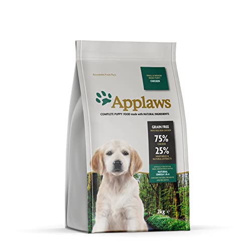 Applaws Complete Natural Puppy Food, Grain-Free Dry Kibble, Chicken Recipe, 2kg Bag – For Small & Medium Breed Puppies – 75% Meat & DHA for Brain Development
